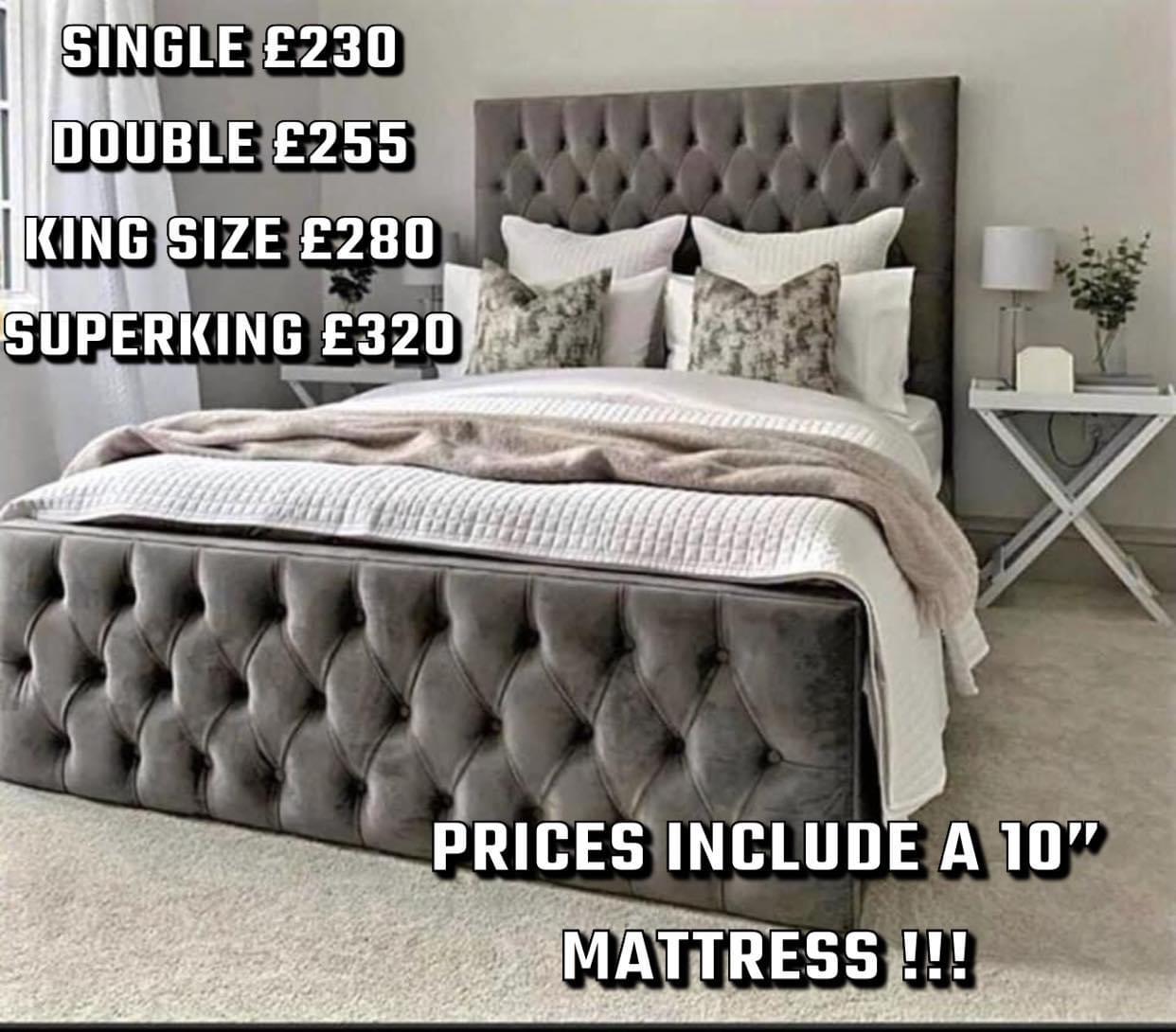 Chesterfield Bed — Grey Velvet (with Mattress)