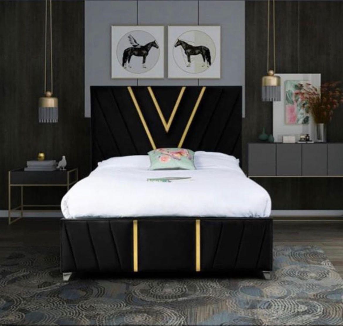 Monaco Bed — Black Velvet & Gold