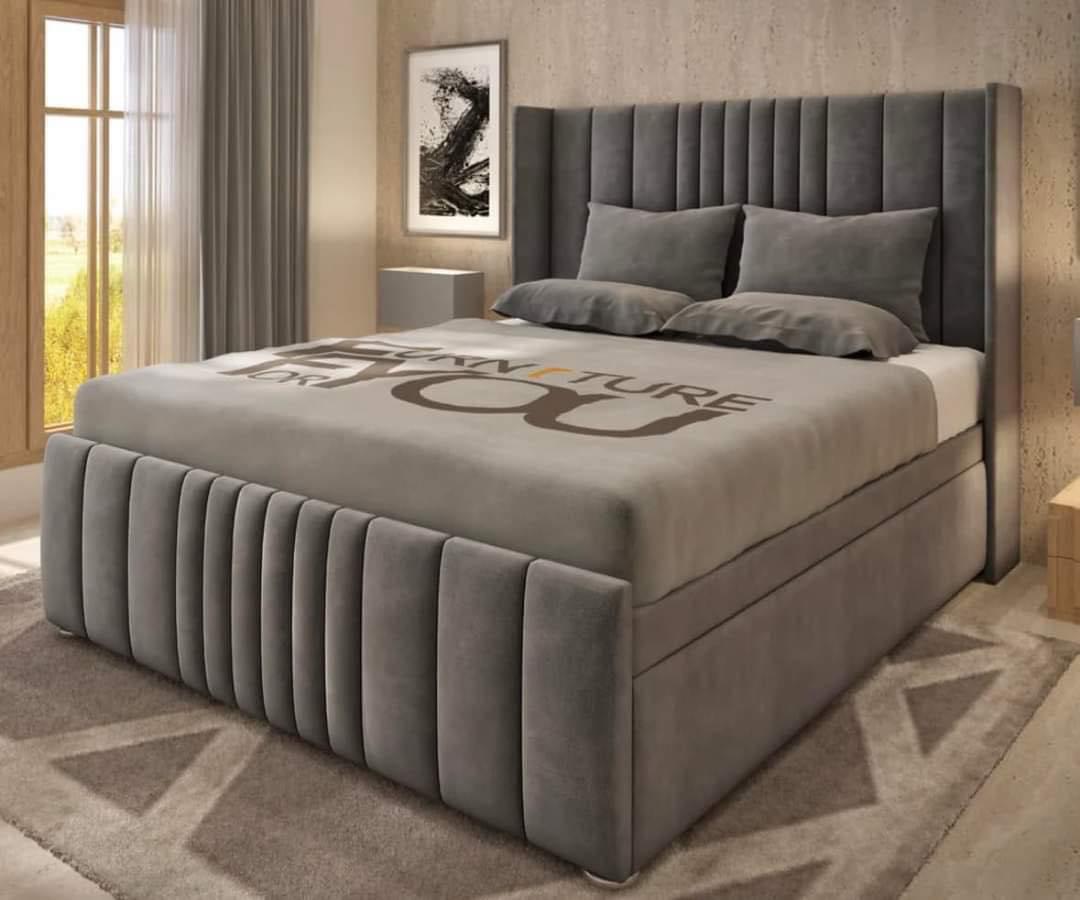Panelled Winged Bed — Grey Velvet