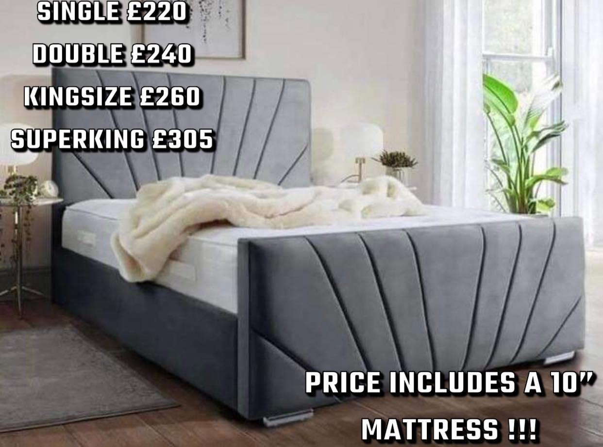 Sunrise Panel Bed — Grey Velvet (with Mattress)