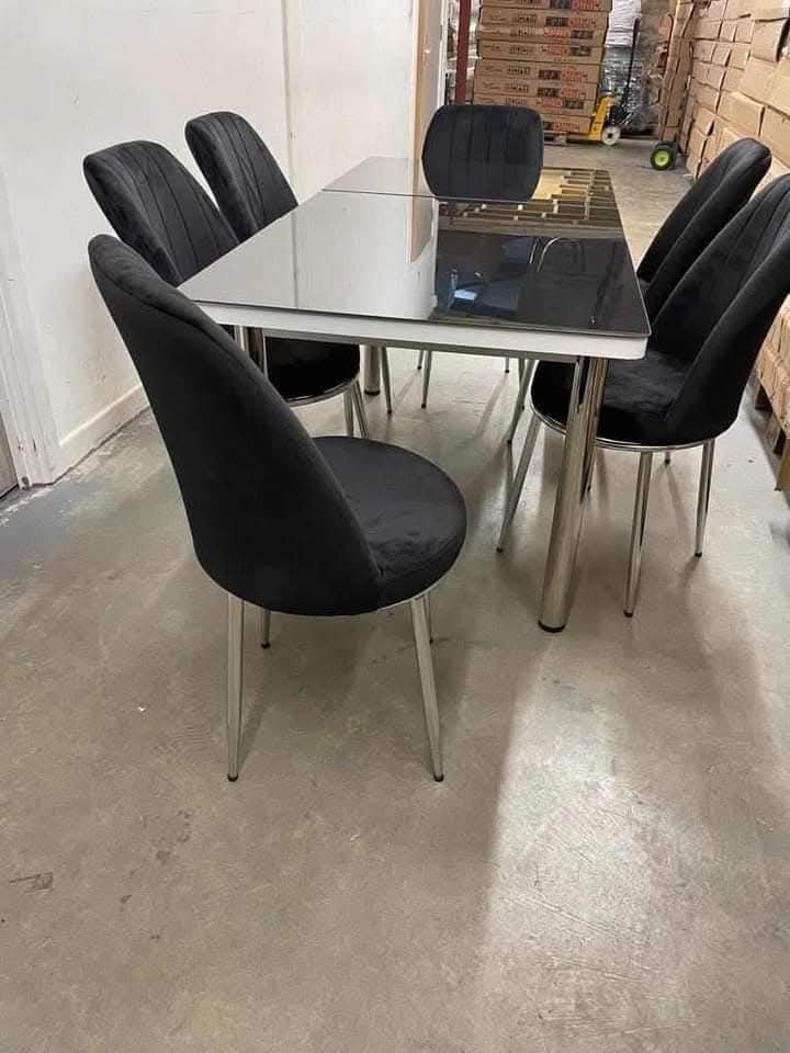 Black Glass Extending Dining Table & 6 Velvet Chairs