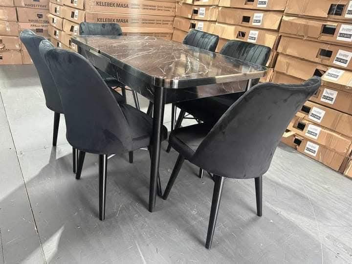 Marble-Effect Extending Dining Table & 6 Velvet Chairs