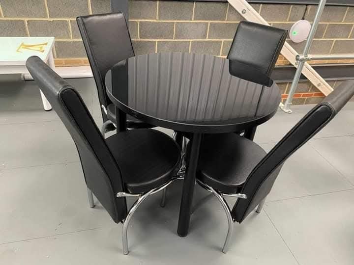Round Black Dining Table & 4 Faux Leather Chairs
