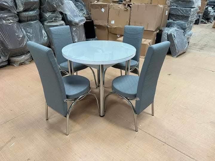 Round White Dining Table & 4 Grey Fabric Chairs