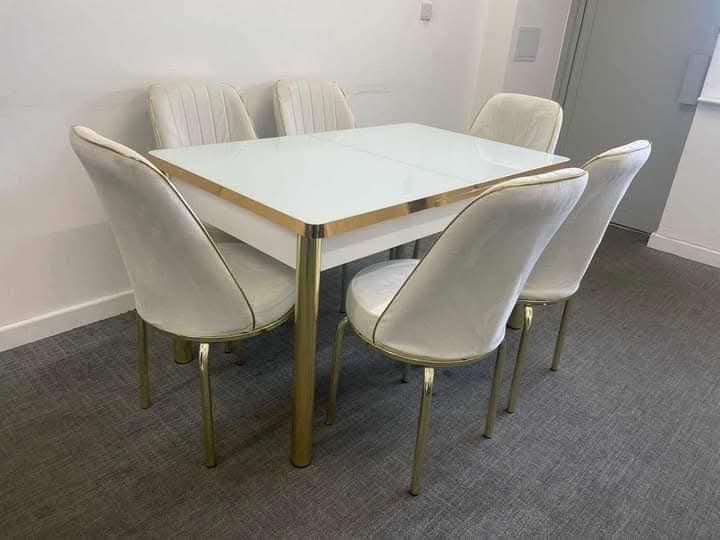 White & Gold Extending Dining Table & 6 Cream Velvet Chairs