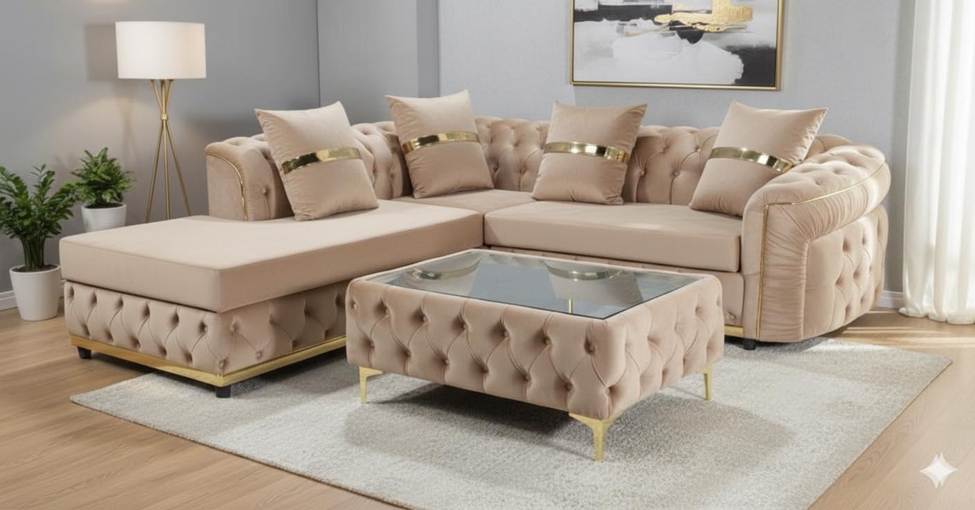 Dylan Full Set — Beige (Corner + Footstool Table)