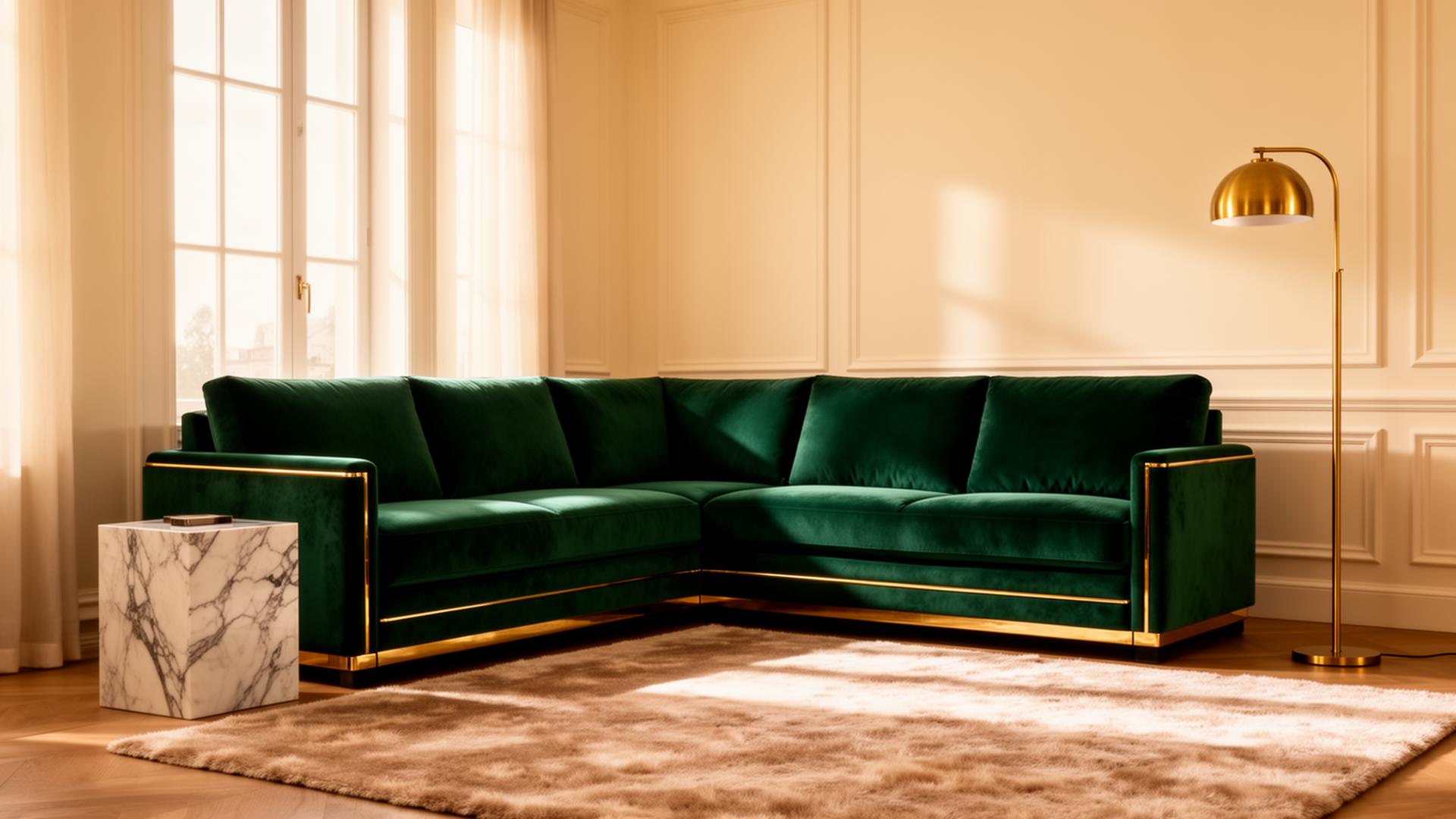 Emerald velvet sofa in a sunlit living room