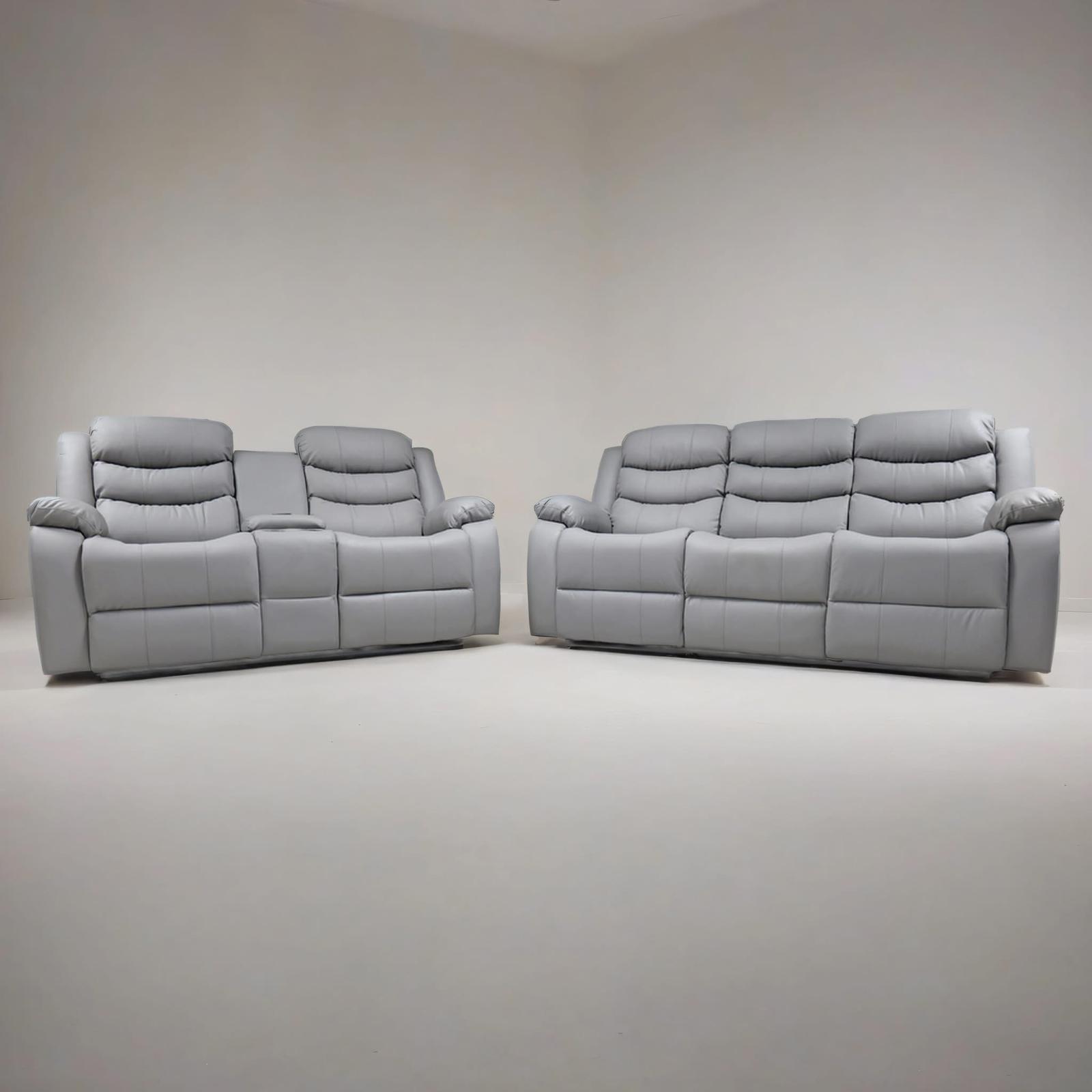 Roma 3+2 Recliner Set — Light Grey Leather