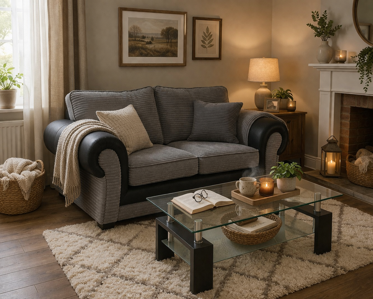Tango 2 Seater — Grey Jumbo Cord & Black Leather