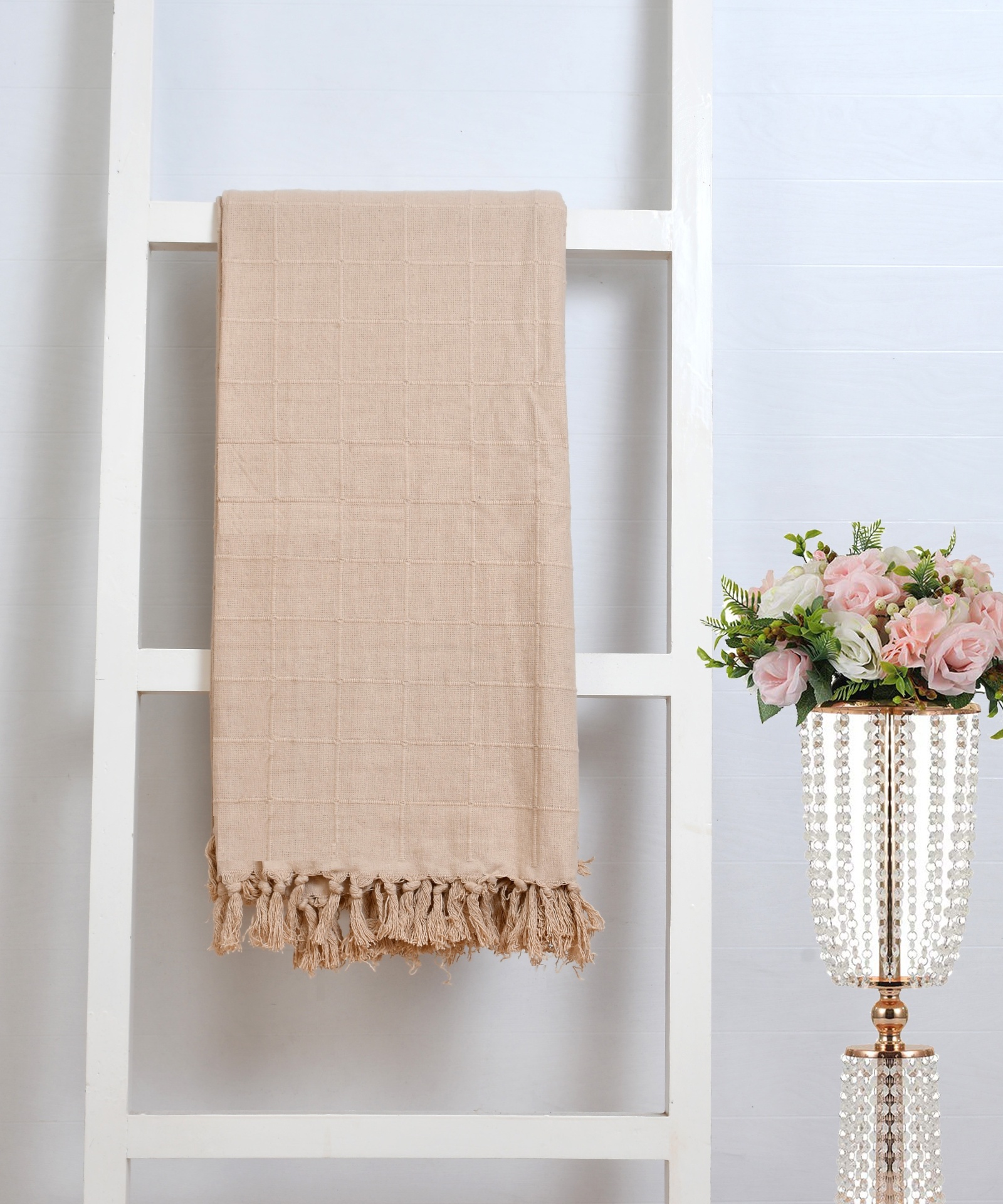 Champagne Beige Buttoned Cotton Throw